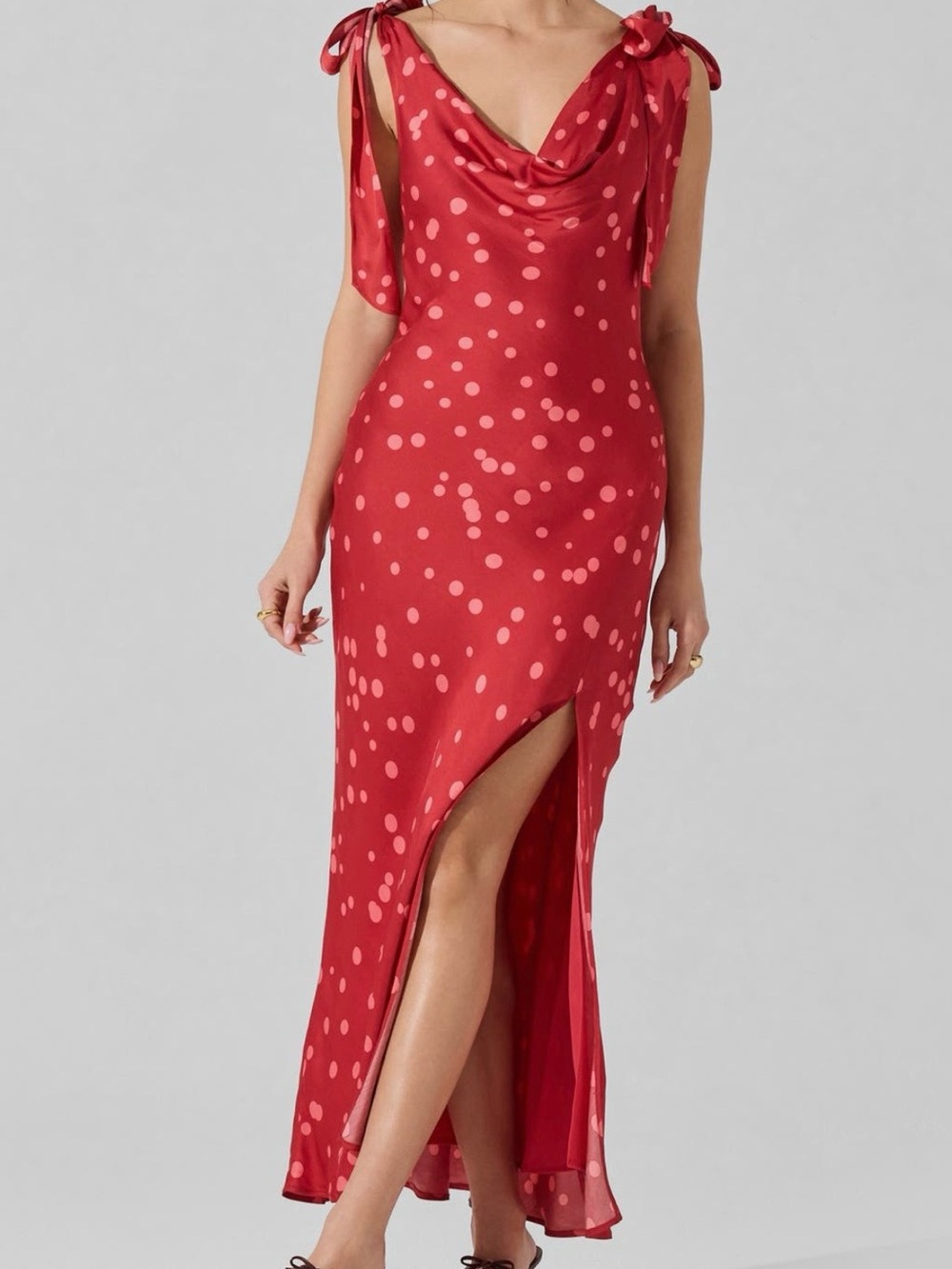 Astr Allexina Red and Pink Polka Dot Cowl Neck Maxi Dress